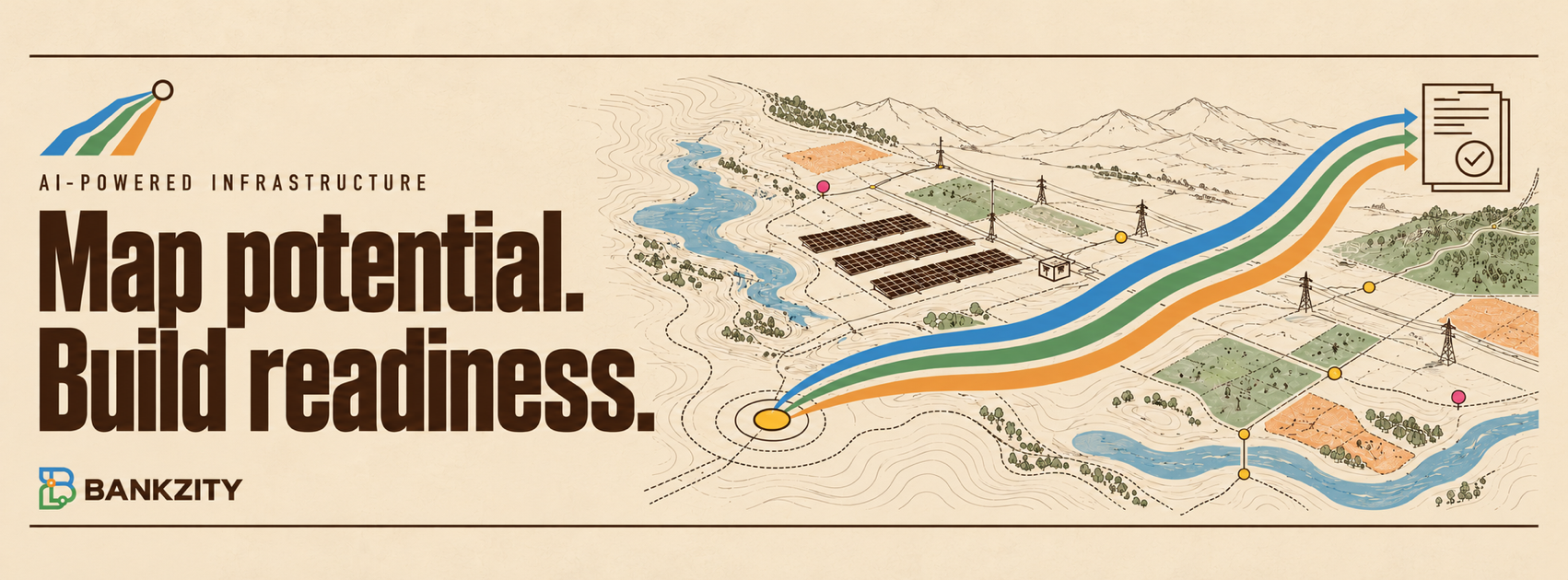 Illustrated terrain map with contour lines, a river, solar panels, grid infrastructure and land parcels; blue, green and orange ribbons lead from a site marker toward approved documents. Text reads: AI-powered infrastructure — Map potential. Build readiness.