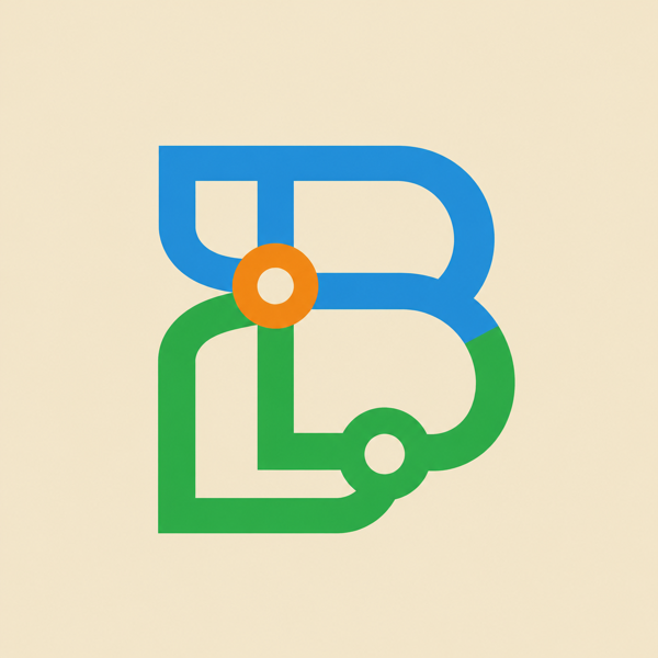 Bankzity symbol: interwoven blue and green B-shaped paths with circular nodes and one orange node